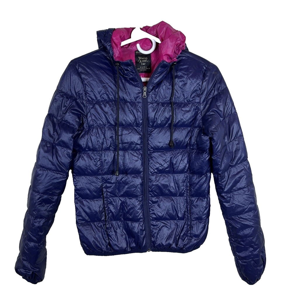 Zara TRF Warm Wear Ultralight Down Full Zip Deep Blue Hoodie Womens Size Medium